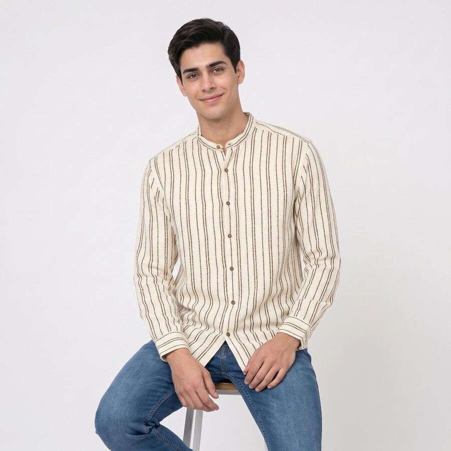 Men's Beige Cotton Long Sleeve Mandarin Collar Regular Fit Shirt, Beige, large