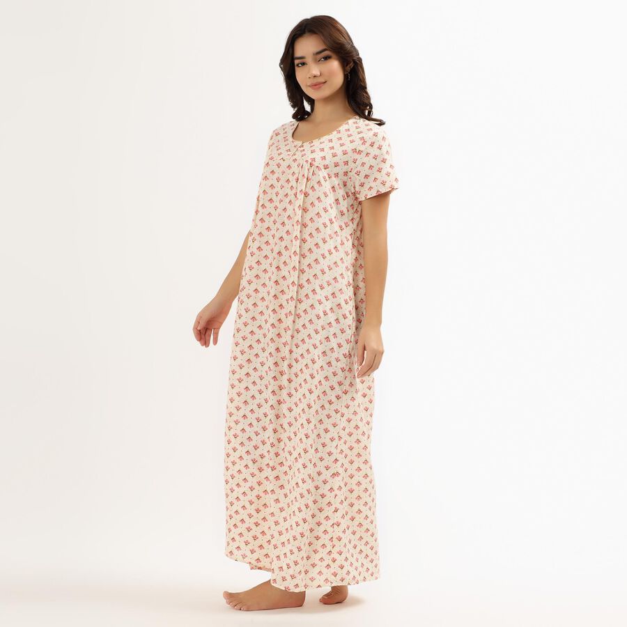 Women's Off-White Round Neck Casual Nighty, Beige, large image number null