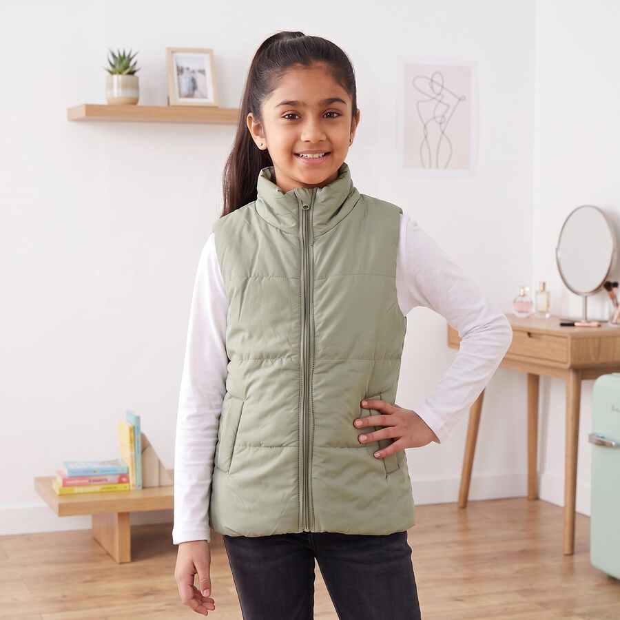 Girls' Sage Green Stand Collar Puffer Jacket, हल्का हरा, large