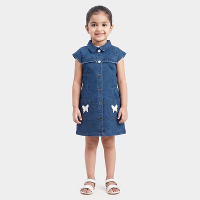 Girls' Blue Fit and Flare Butterfly Applique Denim Frock