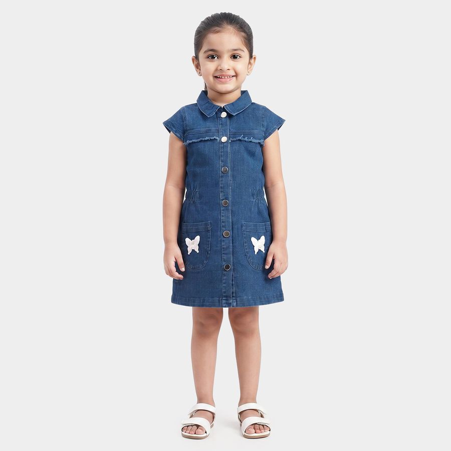 Girls' Blue Fit and Flare Butterfly Applique Denim Frock, मध्यम नीला, large