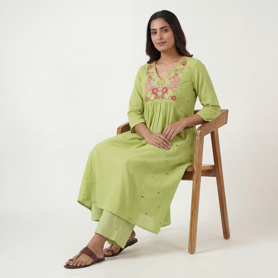 Women's Mint Green Cotton Notch Neck Printed Straight Kurta, Light Green, large