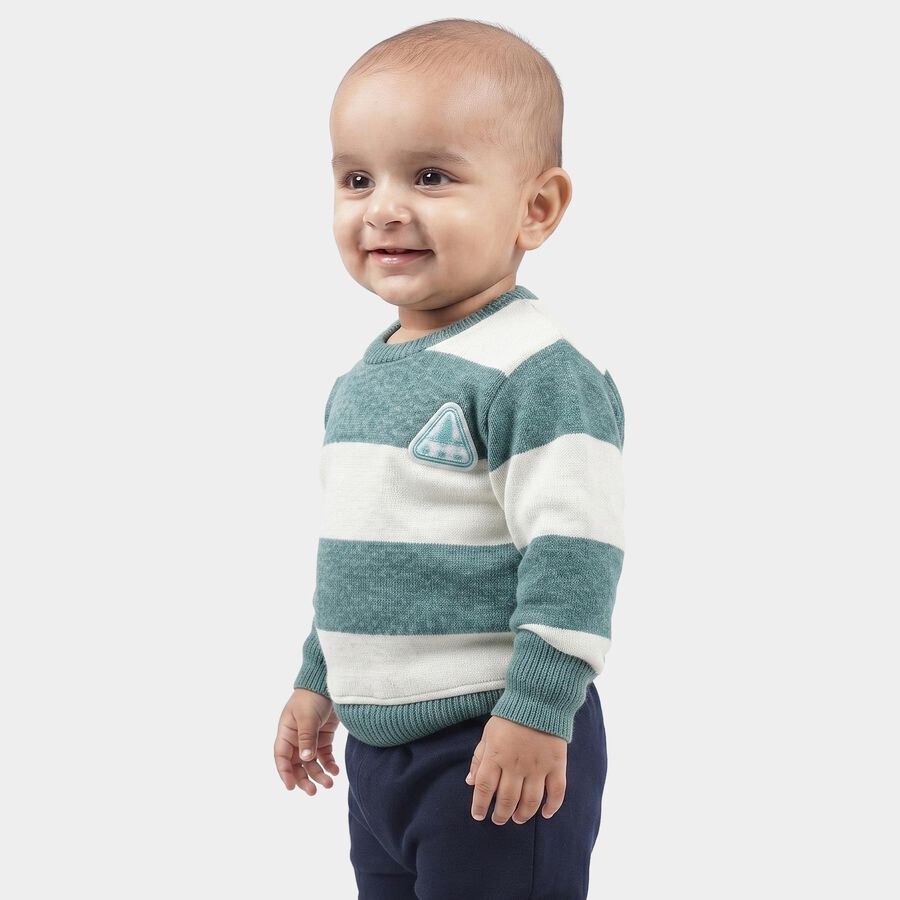 Infants' Teal Crew Neck Striped Pullover, टील ब्लू, large