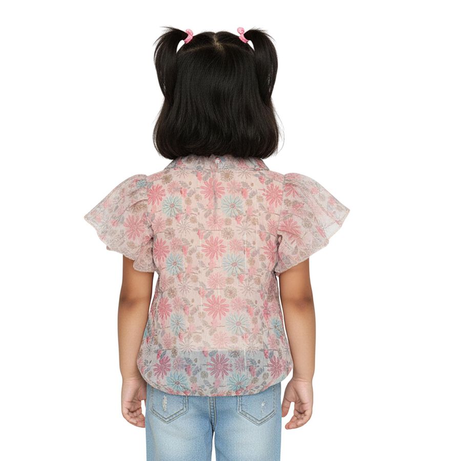 Girls' Light Beige Round Neck Romantic Floral Printed T-Shirt, गहरा पीला, large