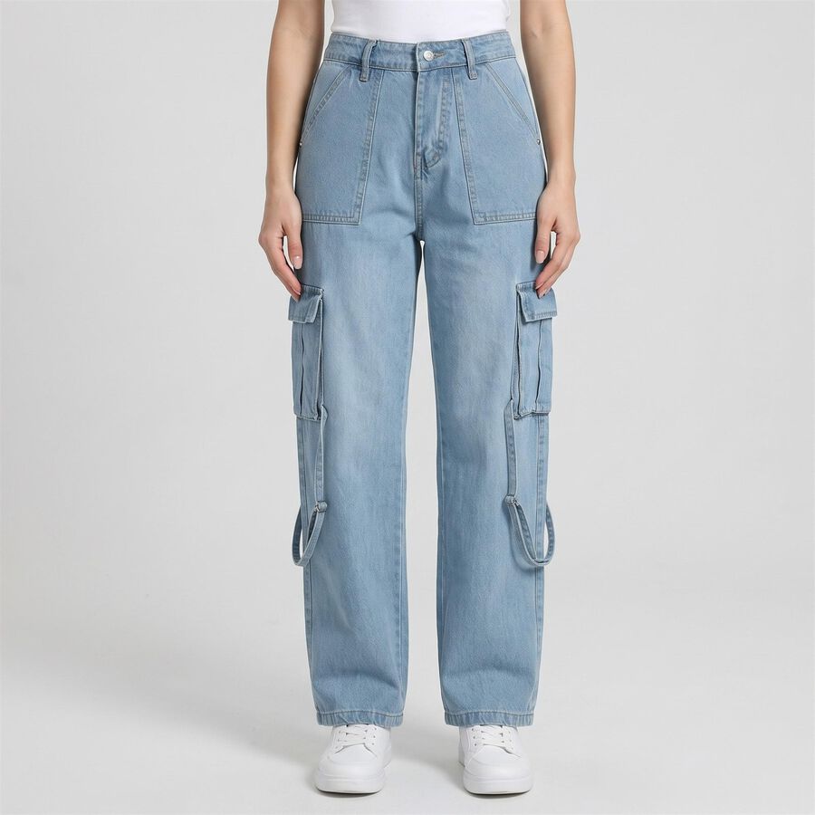 Women's Light Blue Wide Leg Cargo Jeans, Light Blue, large