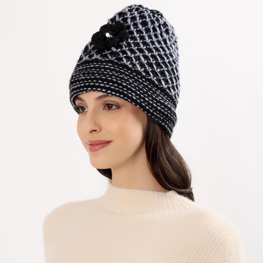Women's Black and Grey Knitted Beanie Cap, Black, large image number null