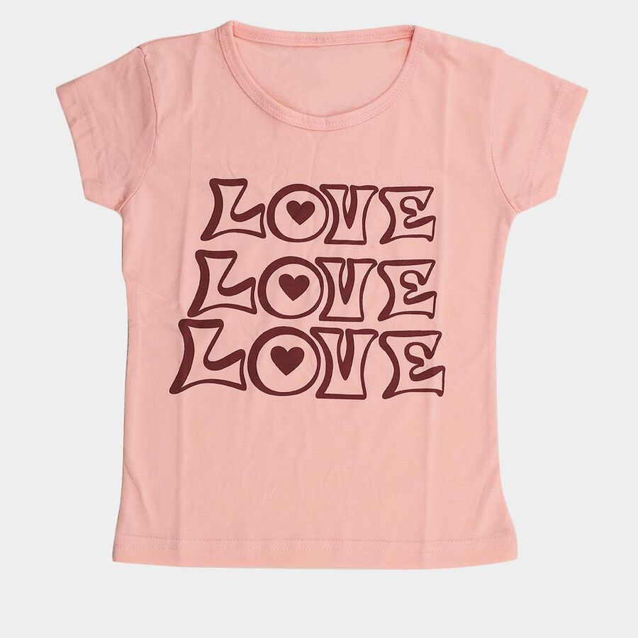 Girls' Pink Round Neck Printed T-Shirt, Light Pink, large
