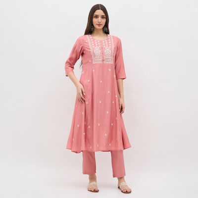 Women's Dusty Rose Pink Embroidered Ethnic Set