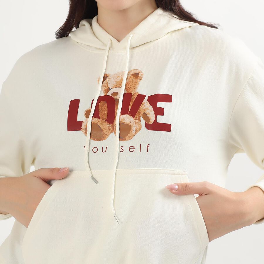 Women's Rich Eggshell White Hooded Neck Casual Sweatshirt, Off White, large image number null