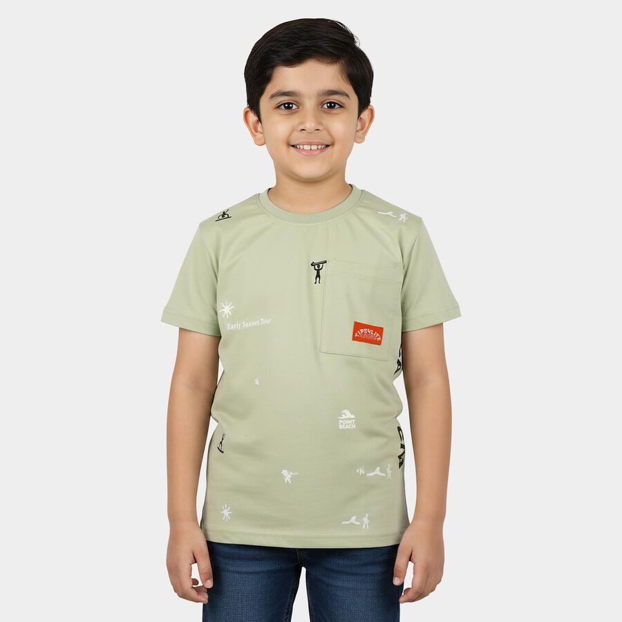 Boys Green Cotton Round Neck Casual Boys T-Shirt, Light Green, large