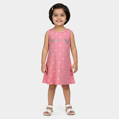 Girls' Pink Heart Printed Sleeveless A-Line Frock