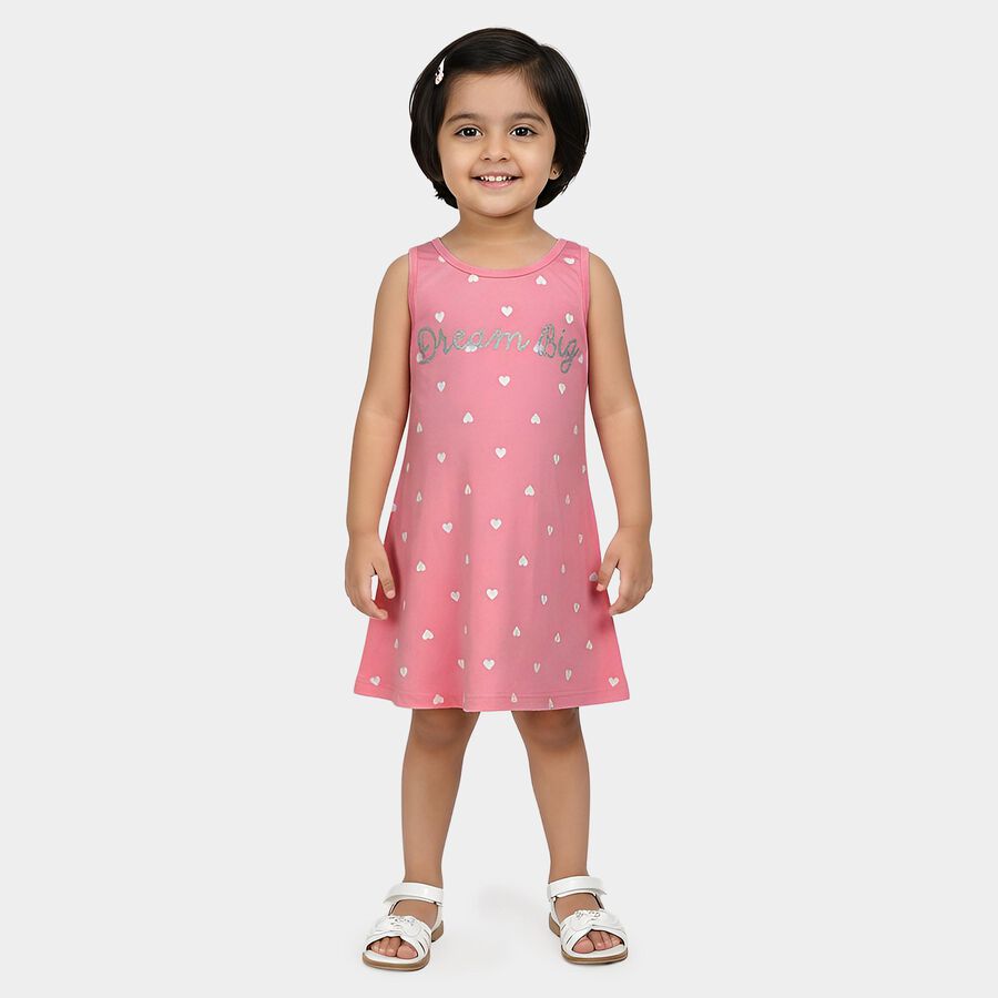 Girls' Pink Heart Printed Sleeveless A-Line Frock, Pink, large