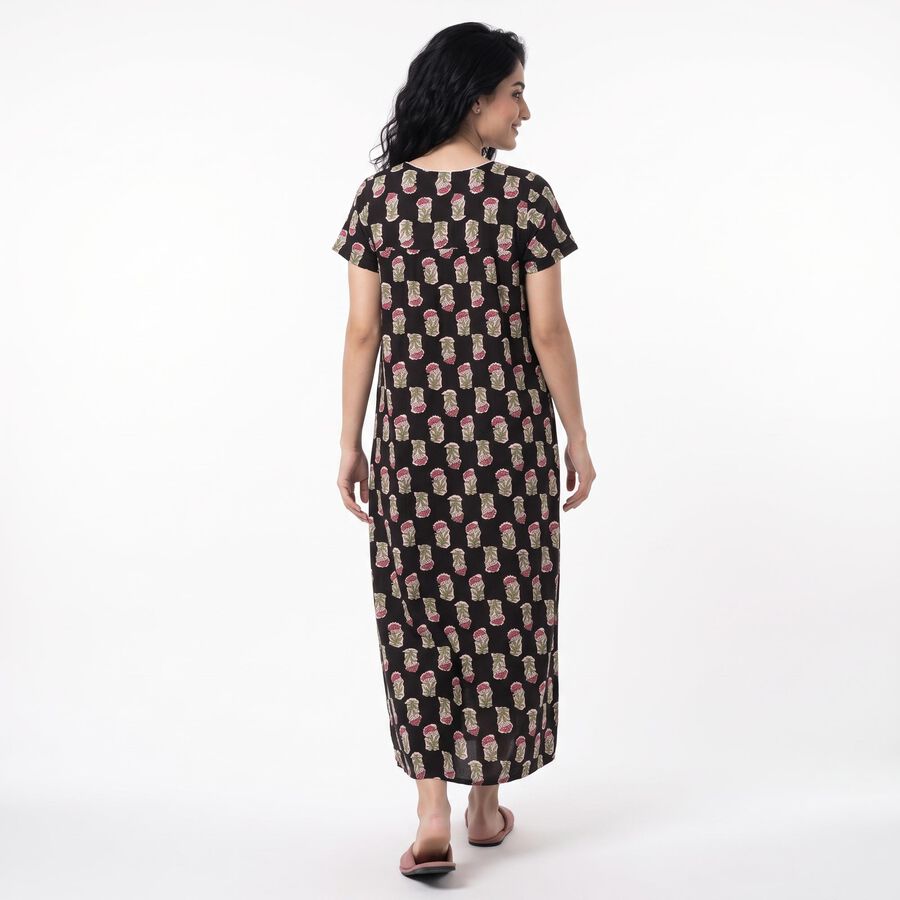 Women's Black Scoop Neck Maxi Nighty, काला, large