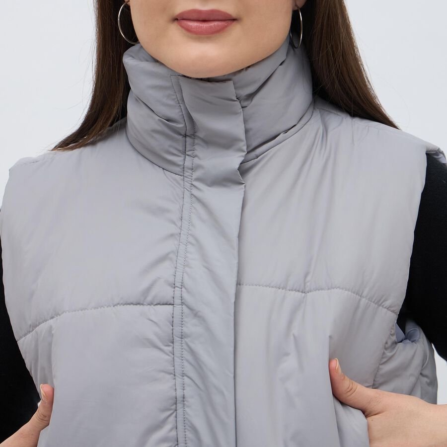 Women's Light Grey High Neck Sleeveless Puffer Jacket, Light Grey, large image number null