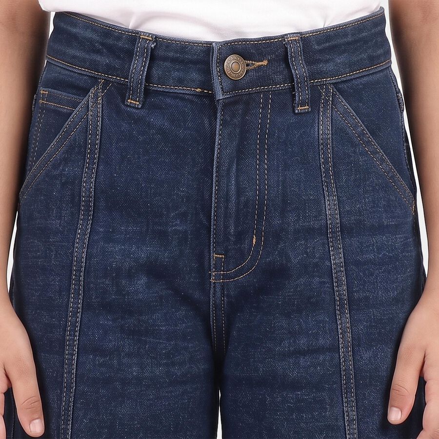 Girls Navy Blue Cargo Fit Washed Jeans, गहरा नीला, large