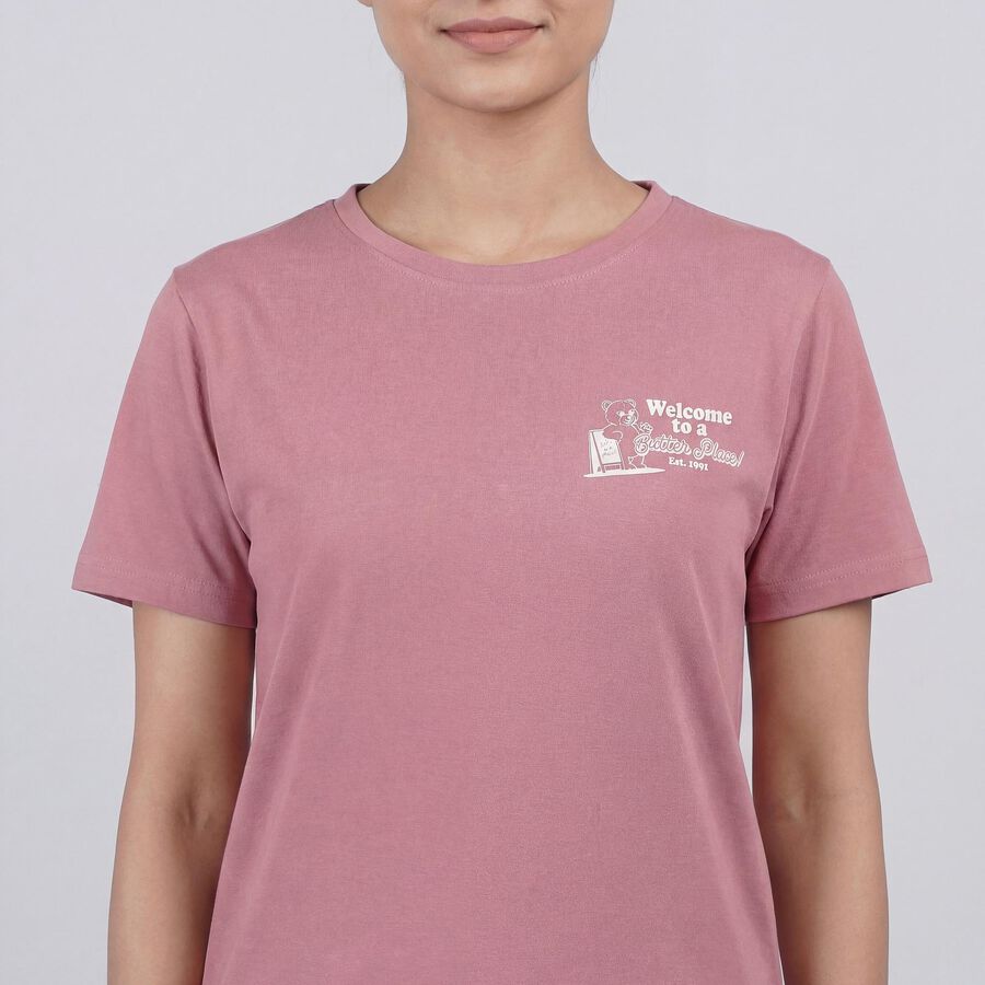 Women's Pink Round Neck Casual T-Shirt, Pink, large