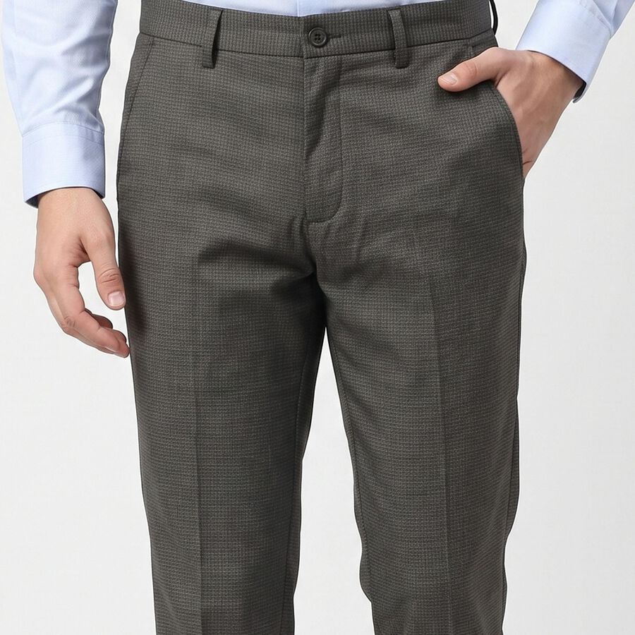 Men's Grey Slim Fit Textured Formal Trousers, गहरा ग्रे, large