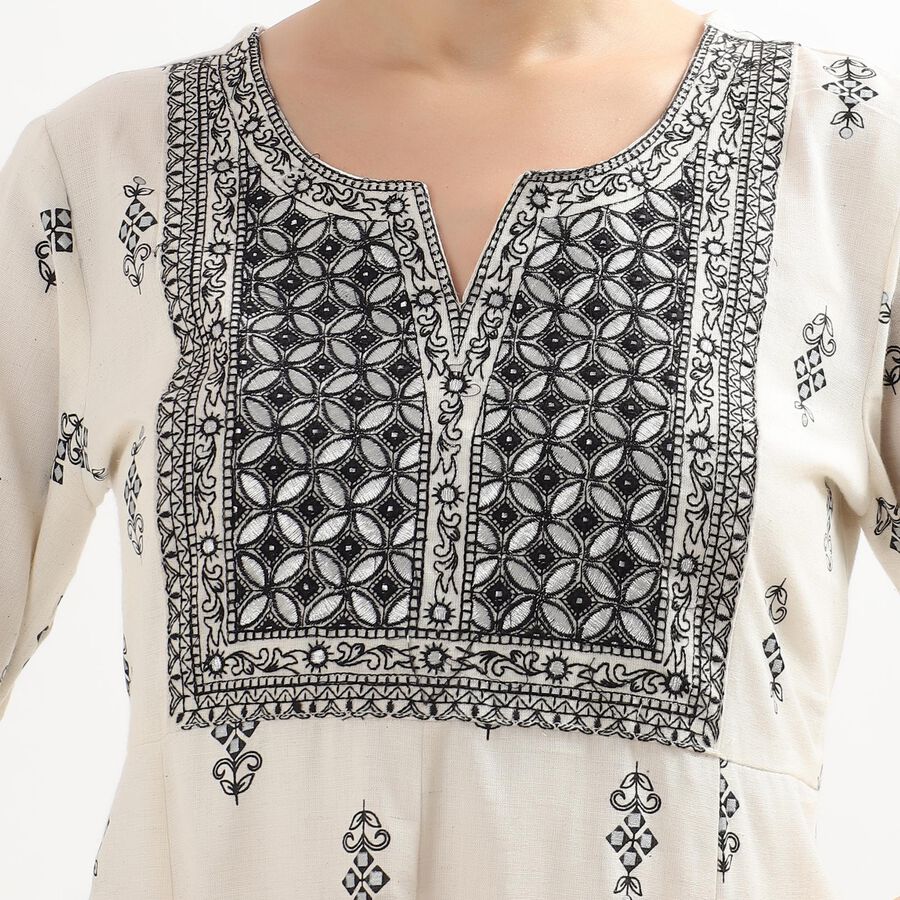 Women's Eggshell White Embroidered Notch Neck Flared Kurta, Off White, large image number null