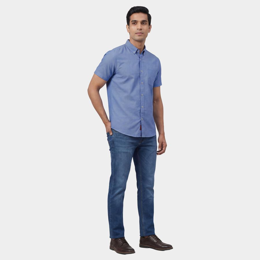 Men's Navy Blue Classic Collar Printed Casual Shirt, मध्यम नीला, large