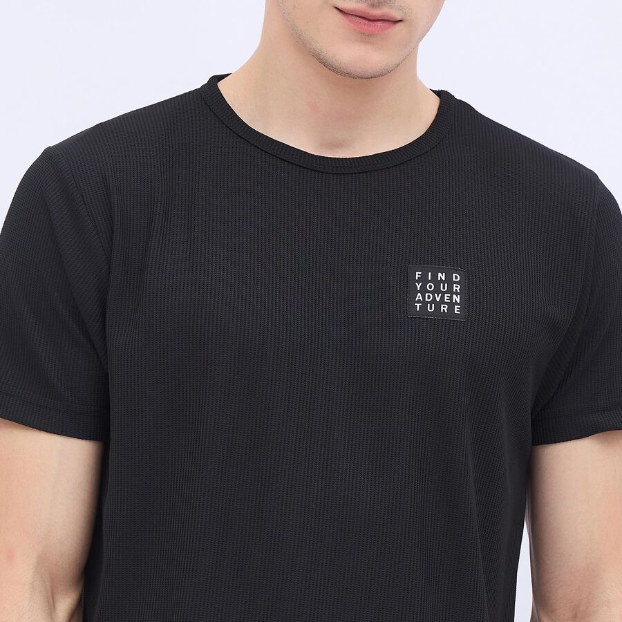 Men's Jet Black Crew Neck Athleisure T-Shirt, काला, large