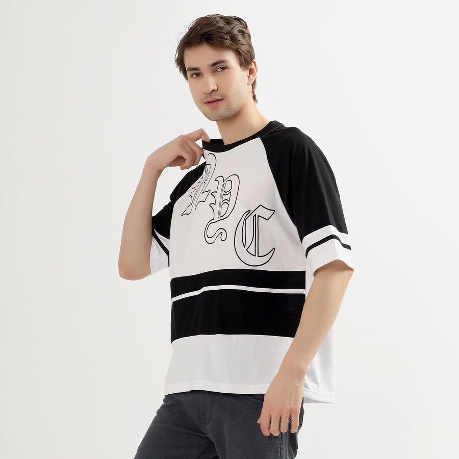 Men's Black and White Round Neck Casual Printed T-Shirt, Black, large image number null