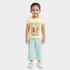 Girls Yellow Cotton Round Neck T Shirt and Capri Set, Yellow, small
