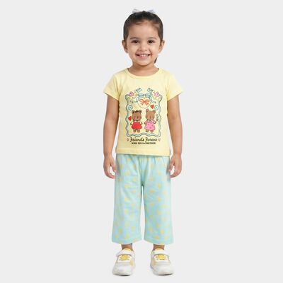 Girls Yellow Cotton Round Neck T Shirt and Capri Set