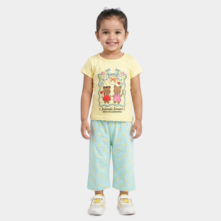 Girls Yellow Cotton Round Neck T Shirt and Capri Set, Yellow, large