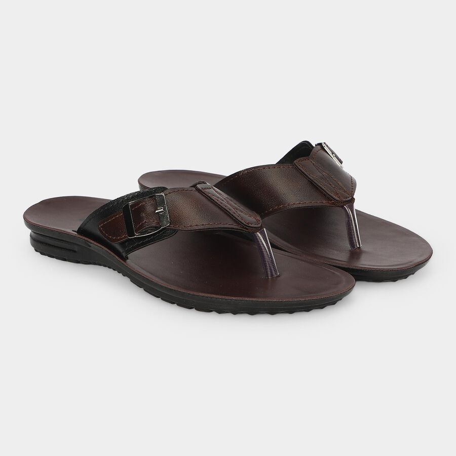 Men's Brown PU Buckle Strap Thong Sandals, भूरा, large