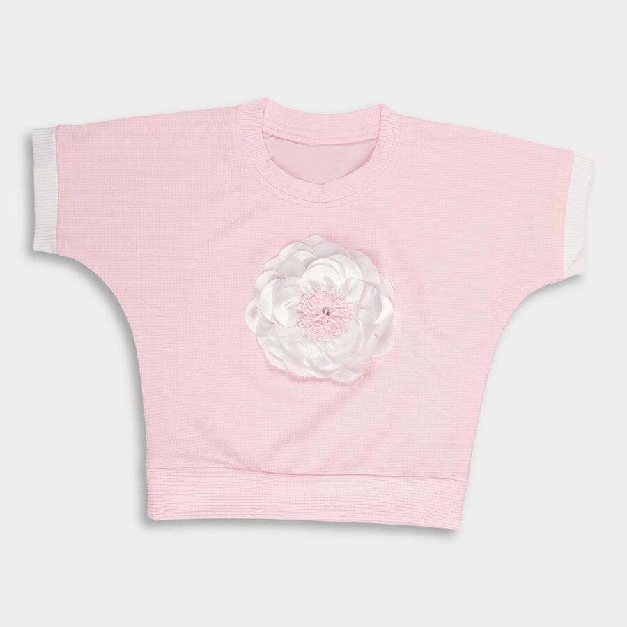 Girls' Light Pink Round Neck Casual T-Shirt, गुलाबी, large