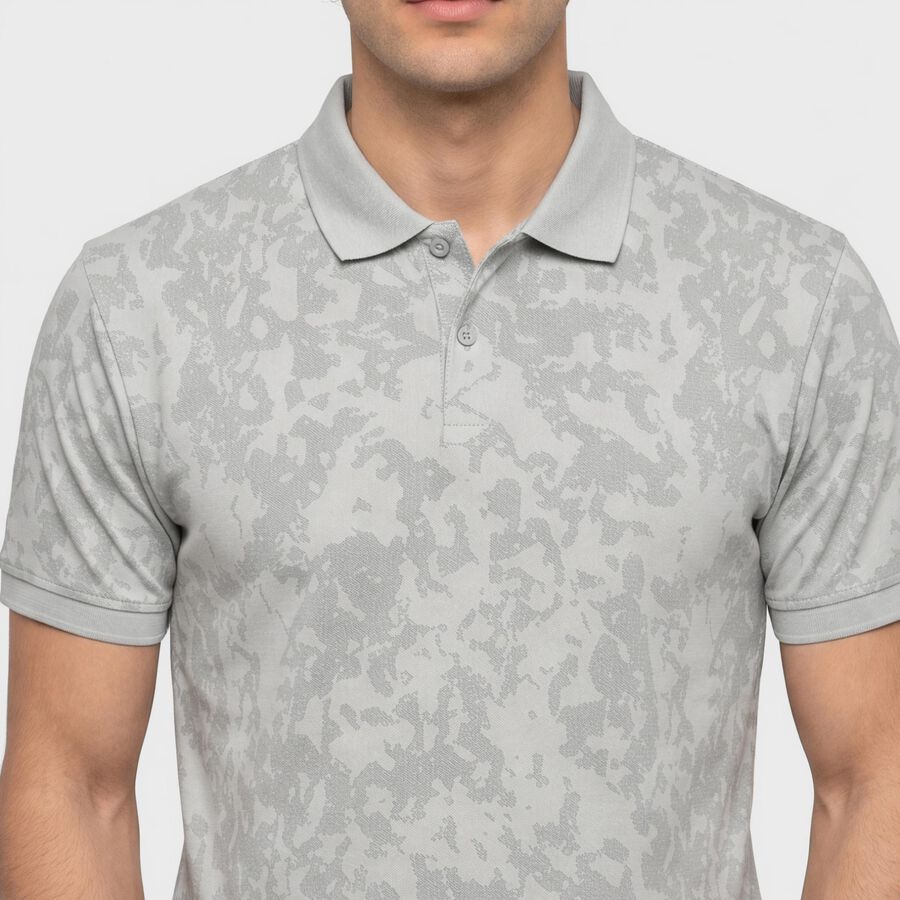 Men's Grey Cotton Polo Neck Abstract Printed T-Shirt, हल्का ग्रे, large
