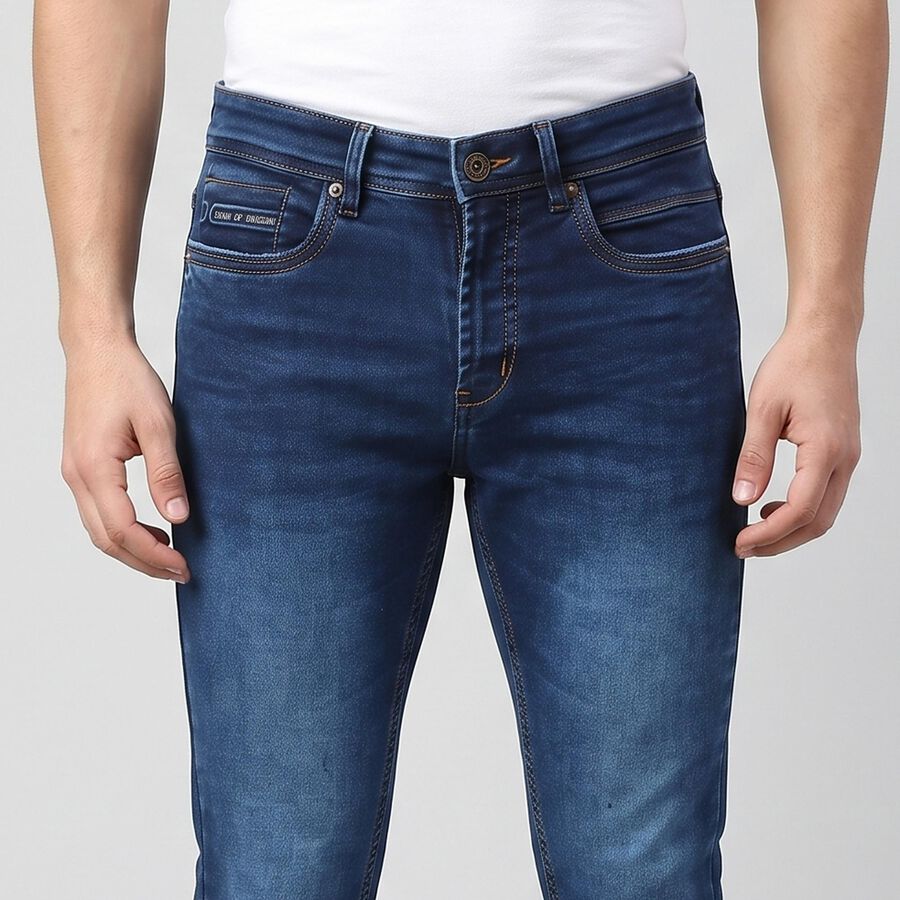 Men's Blue Slim Fit Faded Jeans, गहरा नीला, large