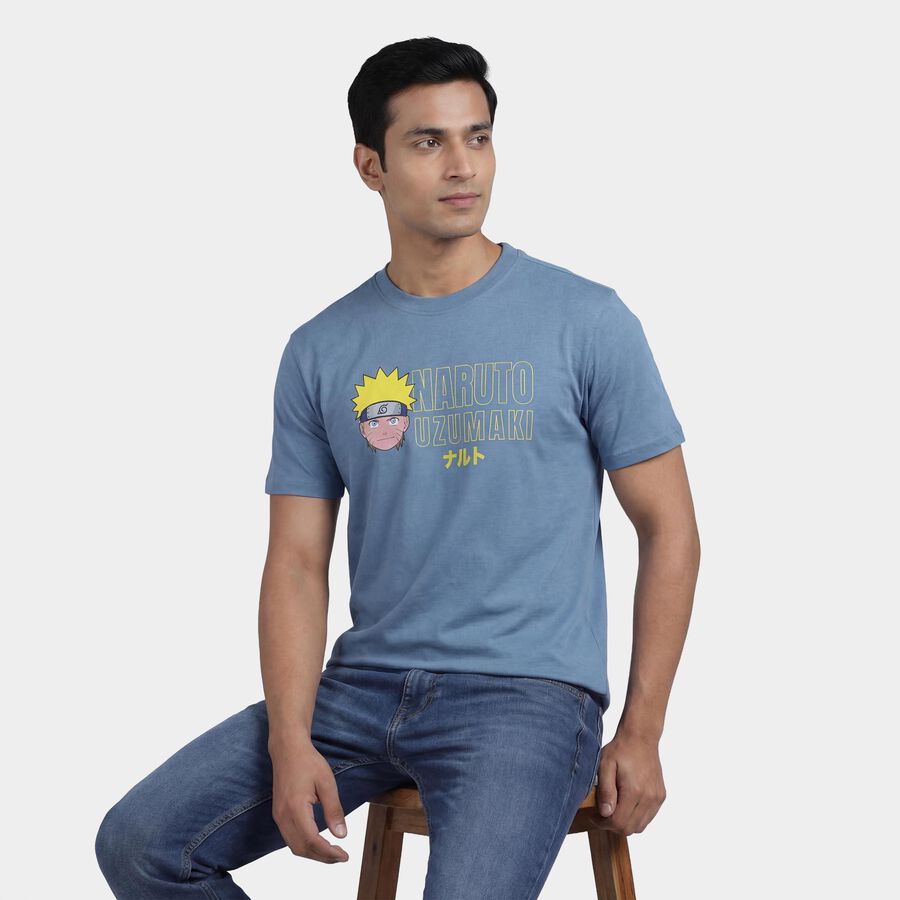 Men's Blue Cotton Round Neck Casual T-Shirt, Mid Blue, large