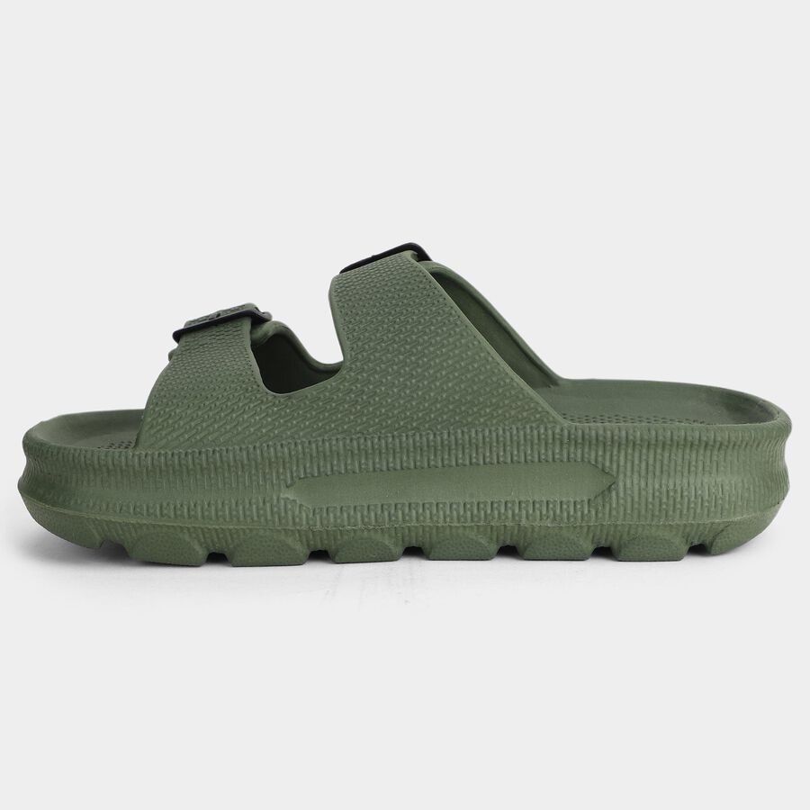 Men Olive Green Adjustable Buckle Sliders Slippers, Olive, large