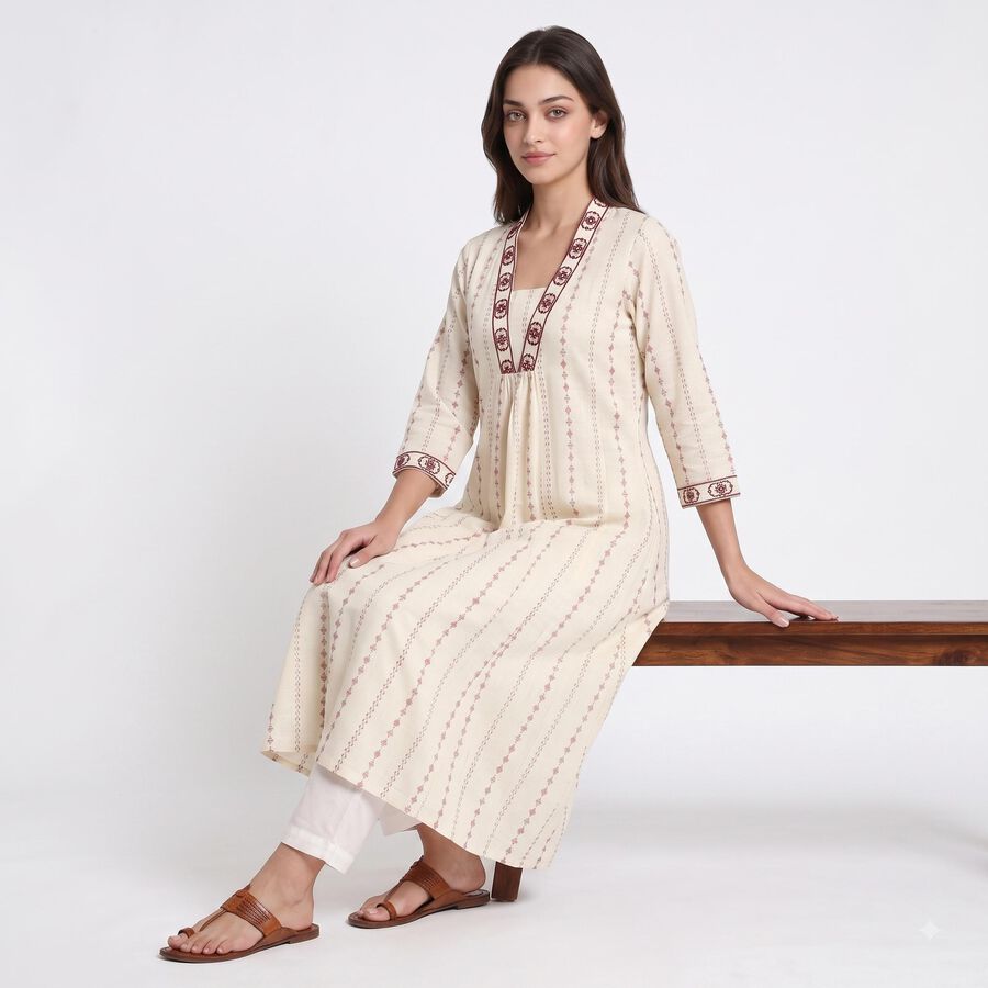 Women's Off White Cotton V-Neck Printed Kurta, Off White, large