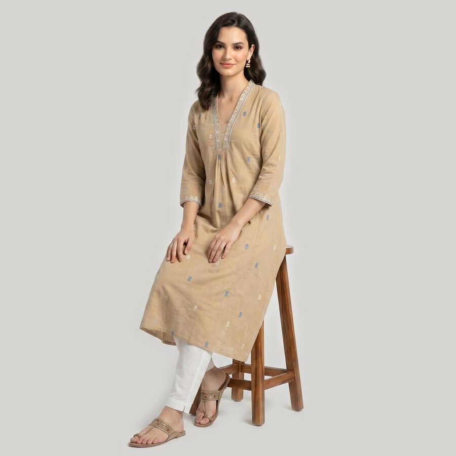 Women's Beige Round Neck Embroidered Straight Kurta, गहरा पीला, large