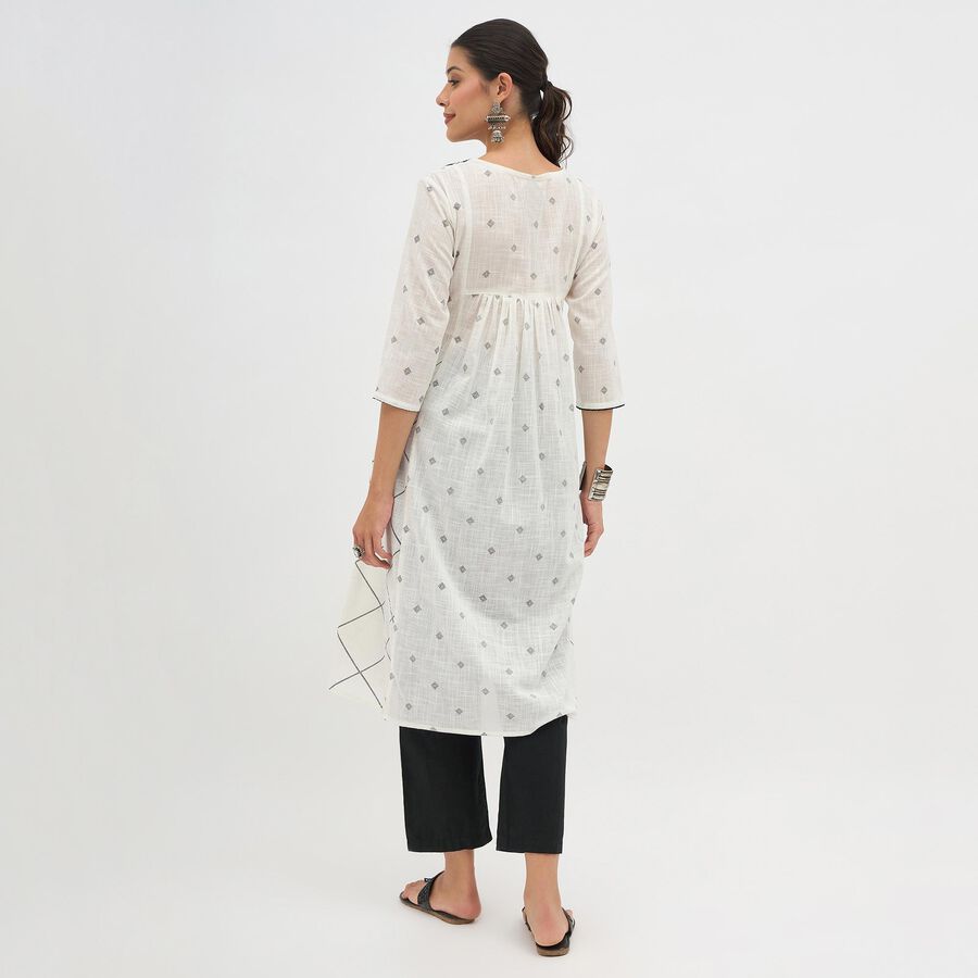 Women's White Cotton Round Neck Embroidered Kurta, Off White, large image number null