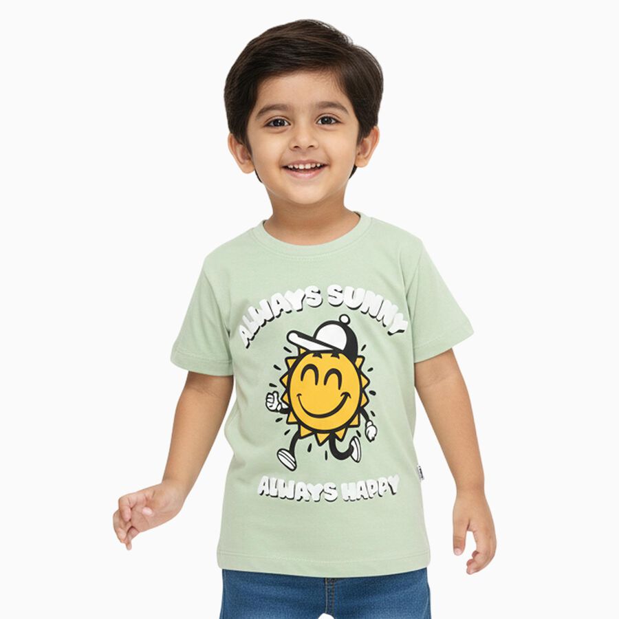 Boys Light Sage Green Cotton Round Neck Casual T-Shirt, Light Green, large image number null