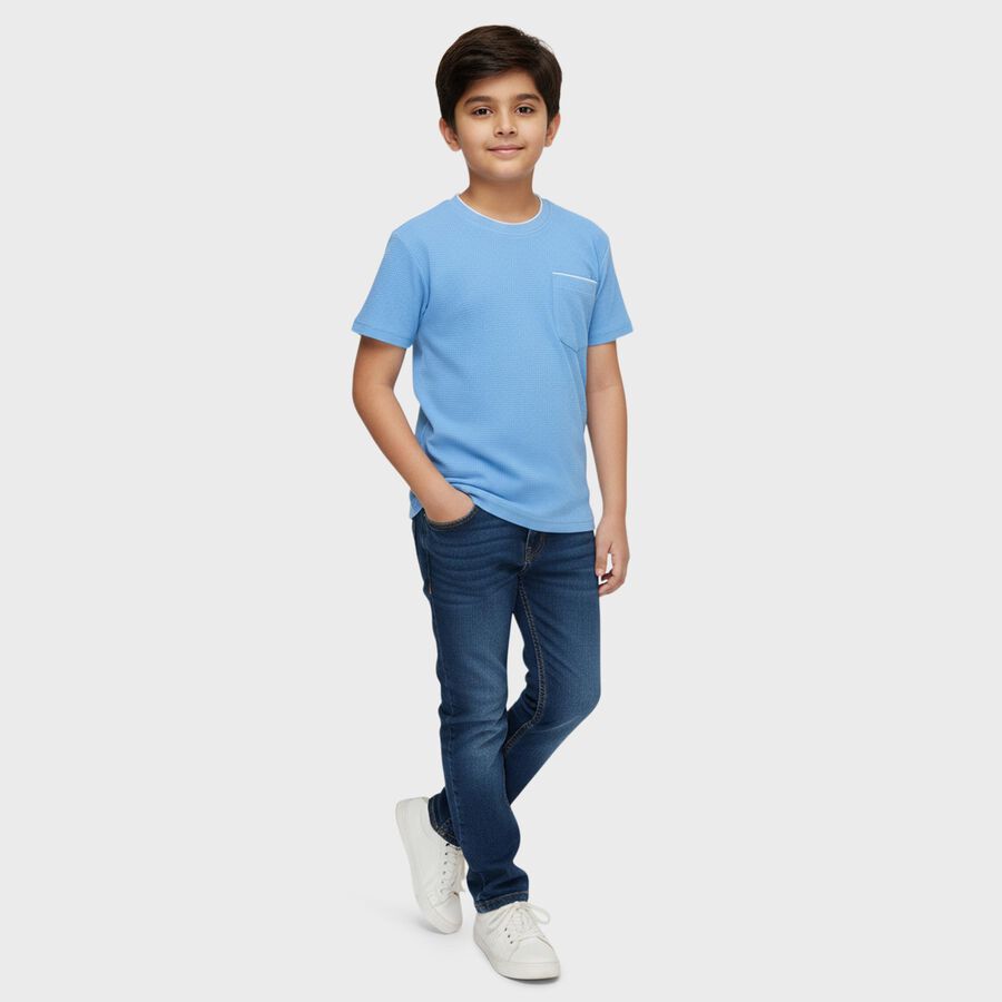 Boys Midnight Blue Cotton Round Neck Casual Half Sleeve T-Shirt, Mid Blue, large
