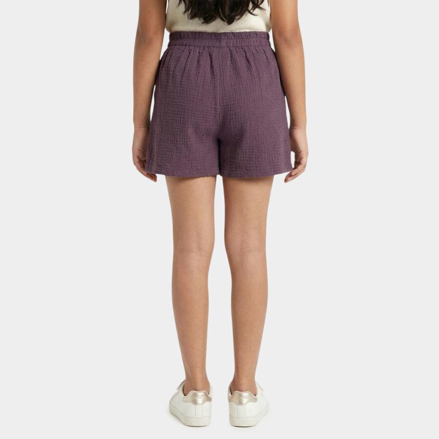 Girls' Purple Tie-Waist Textured Shorts, बैंगनी, large