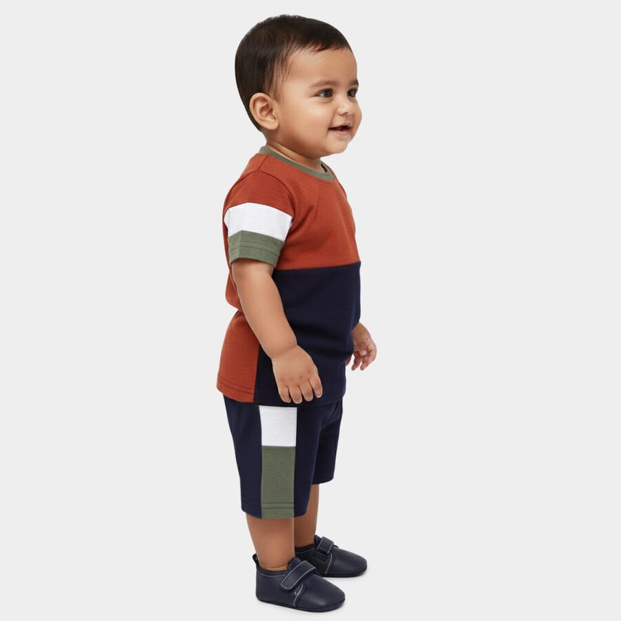 Infants' Navy Blue Cotton Round Neck Colorblock Baba Suit, Navy Blue, large
