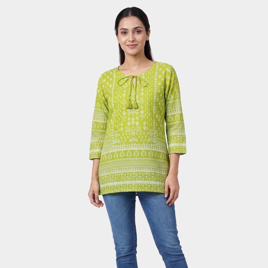 Women's Mint Green Notch Neck Floral Printed Kurti, हल्का हरा, large