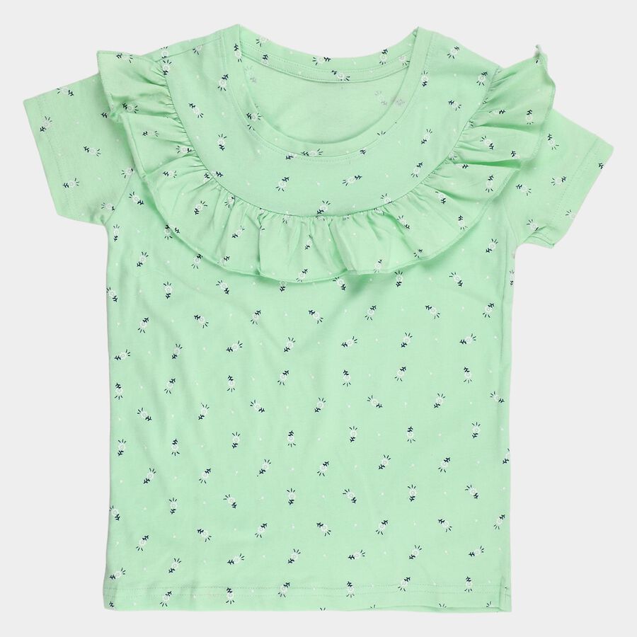 Girls Mint Green Cotton Round Neck Casual T-Shirt, Light Green, large
