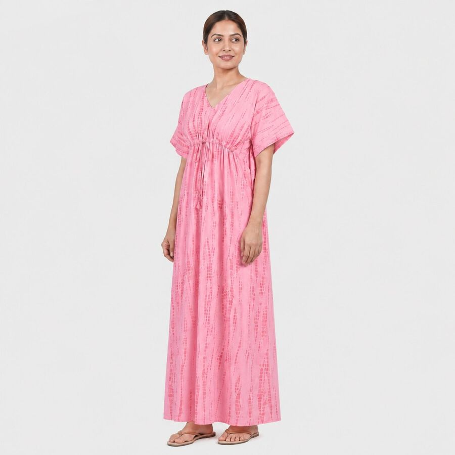 Women's Pink V-Neck Tie-Dye Kaftan Nighty, Light Pink, large