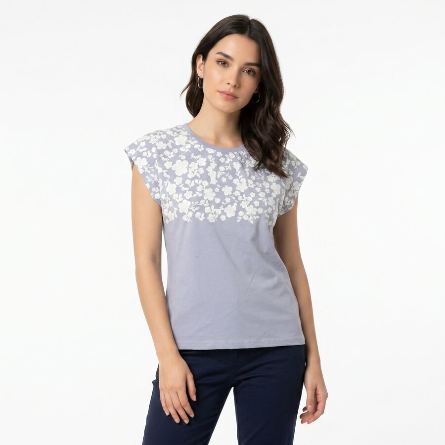 Women Light Blue Round Neck Regular T-Shirt, Light Blue, large