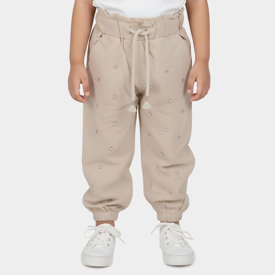 Girls Beige Embellished Cotton Blend Pyjama, Beige, large