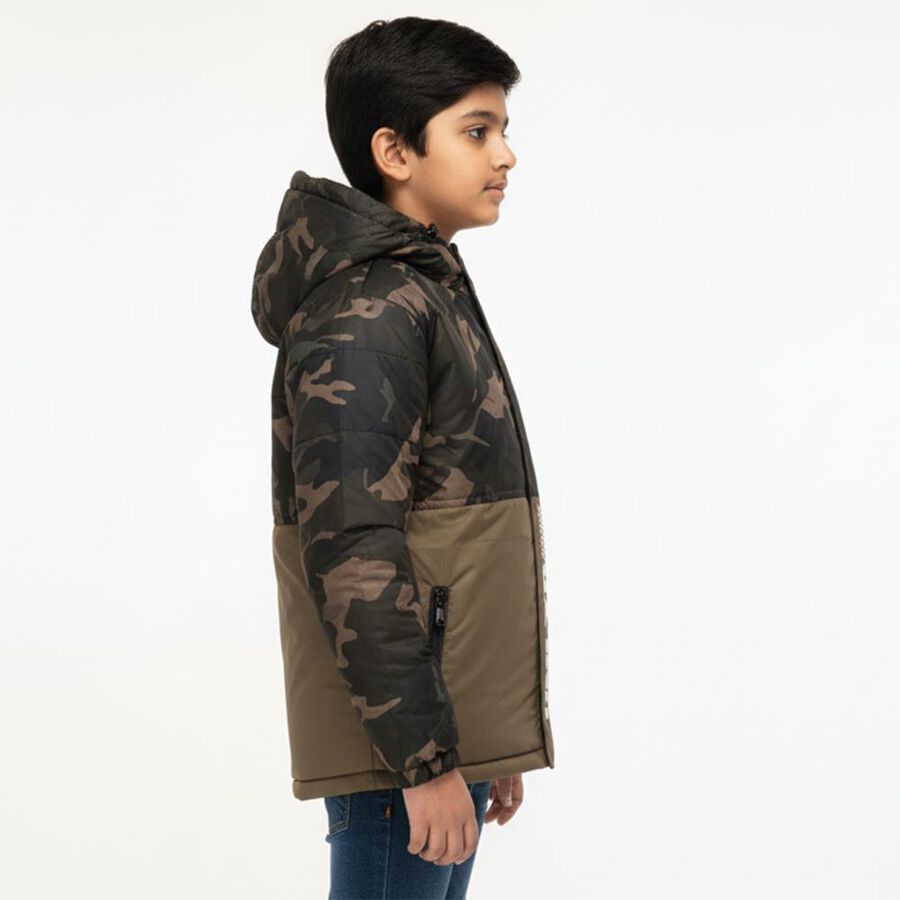 Boys Olive Hooded Camouflage Winter Jacket, Olive, large image number null