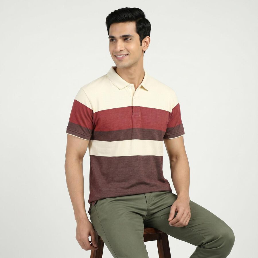 Men's Wine Cotton Collared Neck Casual T-Shirt, Wine, large