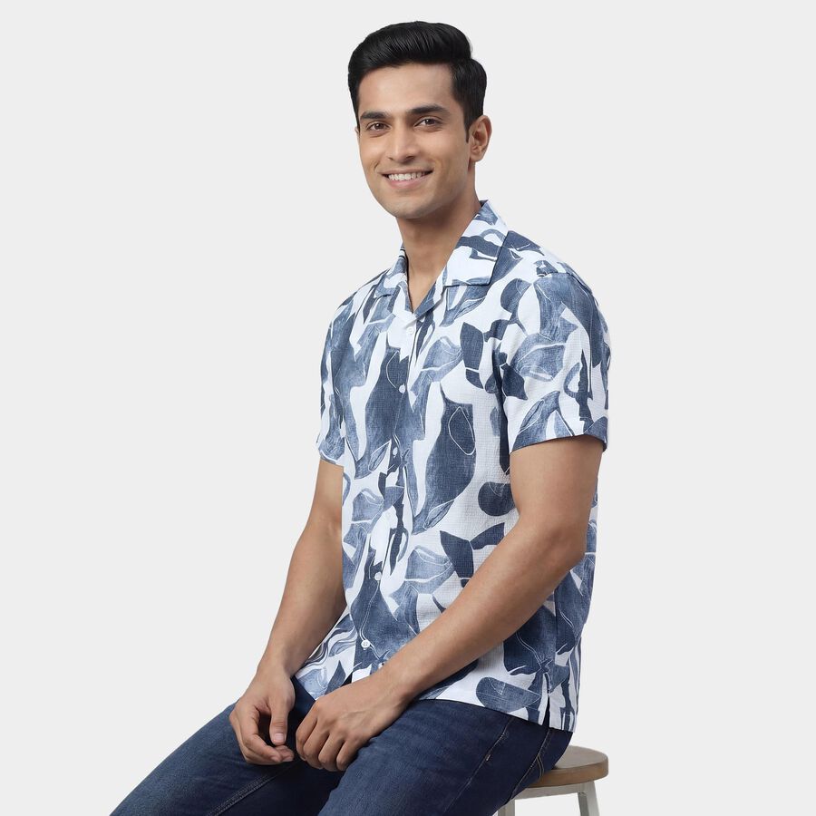 Men's Navy Blue Cotton Spread Collar Slim Fit Casual Shirt, Navy Blue, large