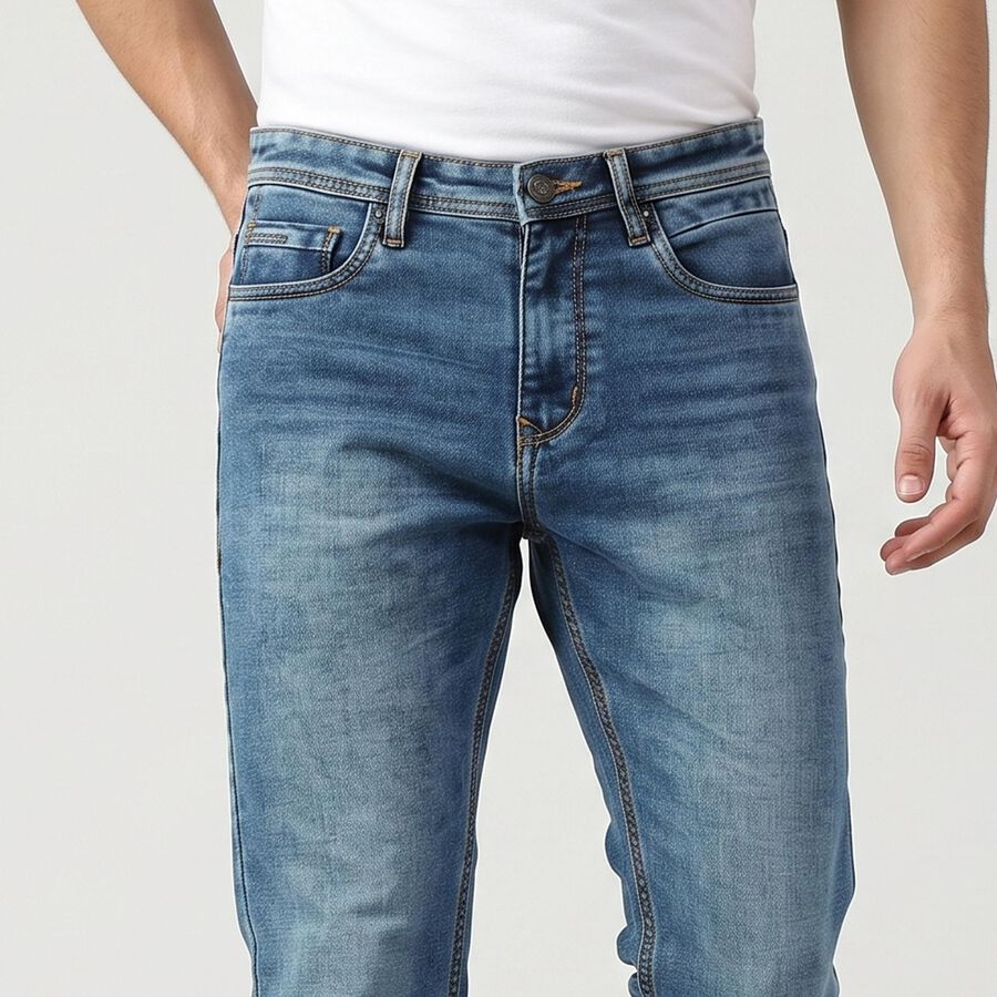 Men's Blue Slim Fit Faded Jeans, Mid Blue, large